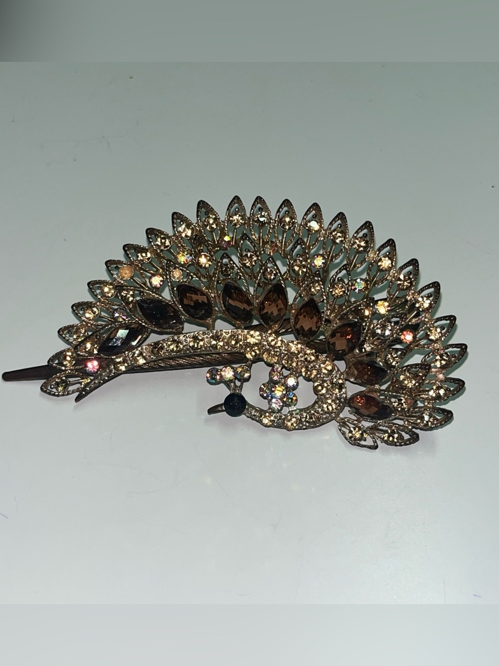 Vtg Beautiful Hair Jewelry Clip Peacock Rhinestones Coppery Gold Tone 4 1/2”